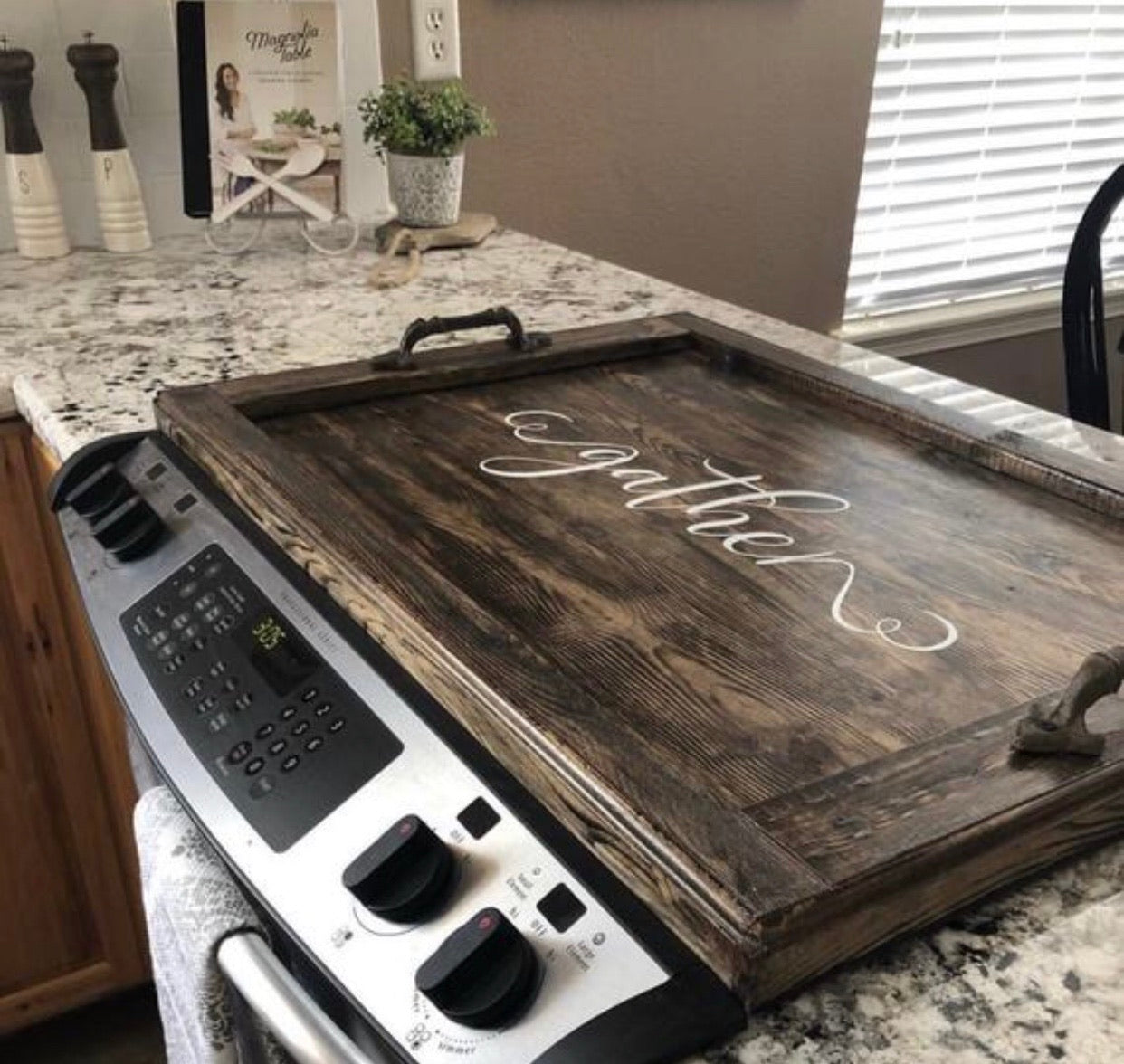 Stove top cover/Dark Walnut/Distressed Serving tray/Stovetop Cover